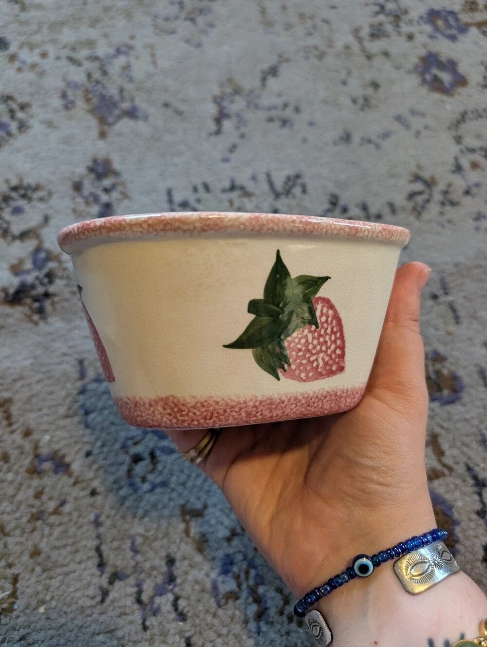Y2K Speckled Pottery Painted Heart Shaped Ceramic Dish Strawberry Design Cottage